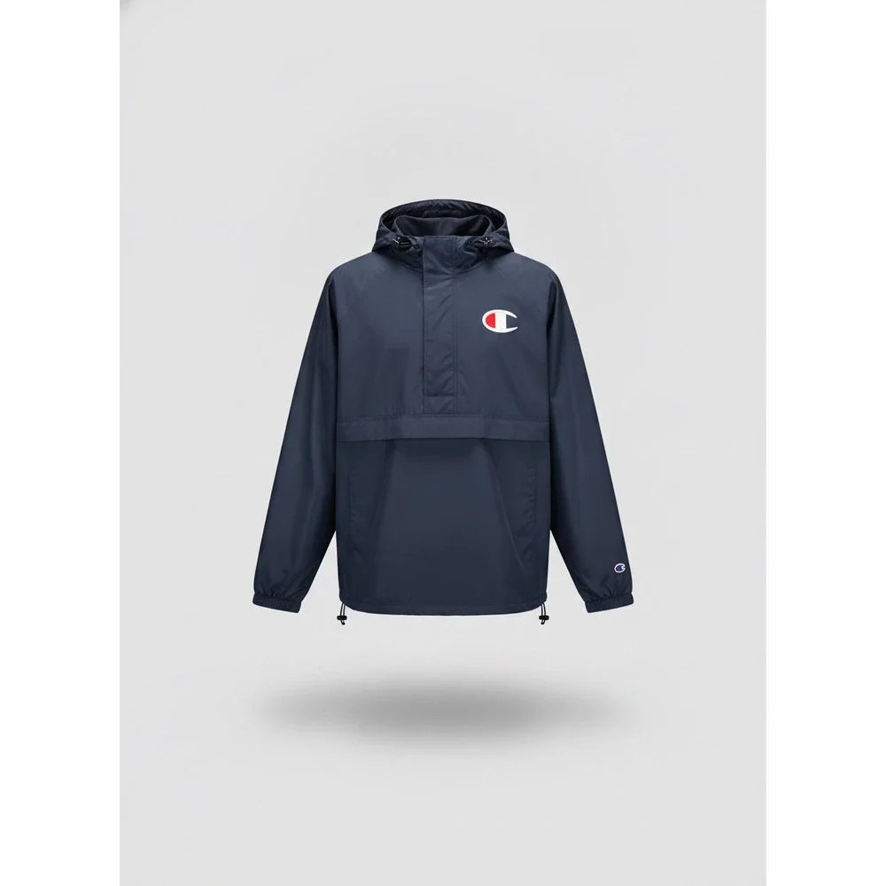Champion Mens Packable Anorak Windbreaker Jacket Navy Blue Pullover Big C Logo
